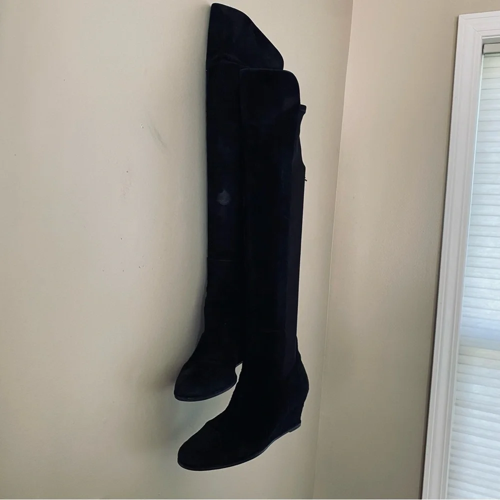 Stuart Weitzman Luxury Classic Black Suede Leather & Neoprene Stretch Calf Boots